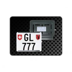 Kennzeichenrahmen SwissSpeedy Moto CHROMSTAHL SCHWARZ Rechts-Einschub