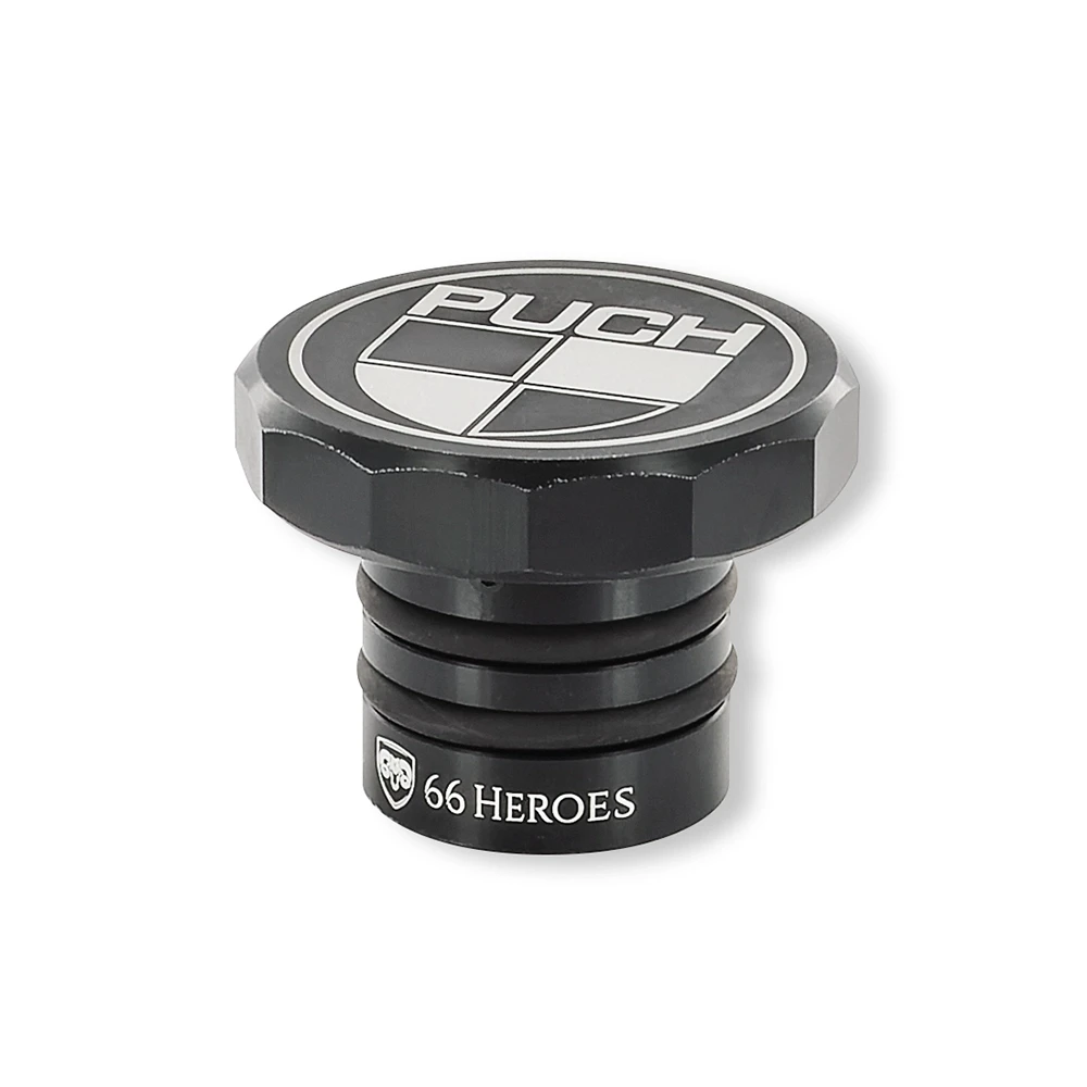 Tankdeckel 66 HEROES eckig, Inox- schwarz mit Puch- Logo