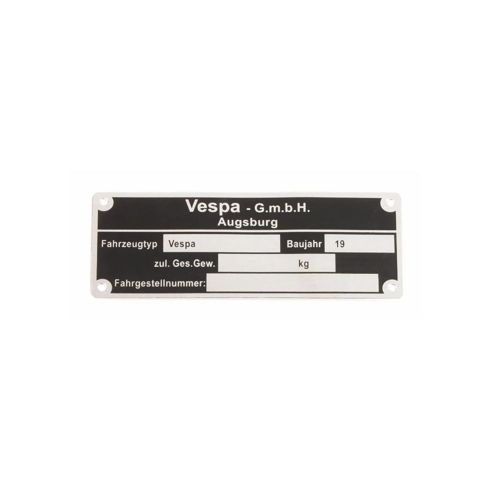 Typenschild Vespa Messerschmitt G.m.b.H. Augsburg, Jg. 1955 - 1957 (80x30x0.5mm)