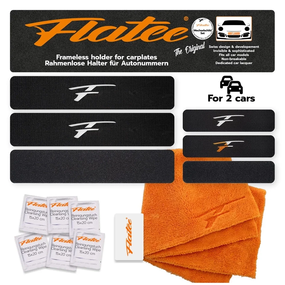 Kennzeichenhalter Flatee ORIGINAL Rahmenlos Wechselschild Set für 2 Autos lang